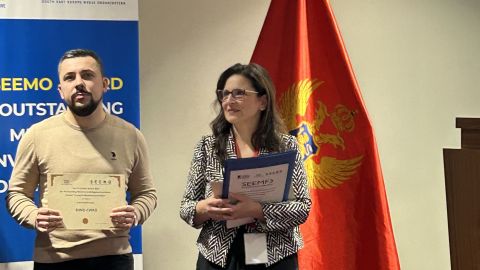 CEI SEEMO Award for Outstanding Merits in Investigative Journalism (Podgorica, 27 November 2024) - from left: Mogos, Fabro