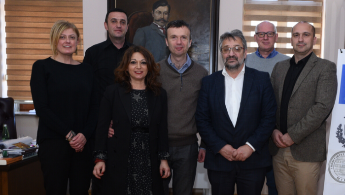 KEP GECCOSPARK Project launch (Skopje 12-14 Feb. 2020). From left: Costanza Bonadiman, Igor Milcov (GAYA NGO, Skopje), Annalisa Martucci, Gianluca Bianchini, Blazo Boev (Rettore della Goce Delcev University); Piero Gianolla, Nenad Taneski, Dep. of Military Science, Skopje